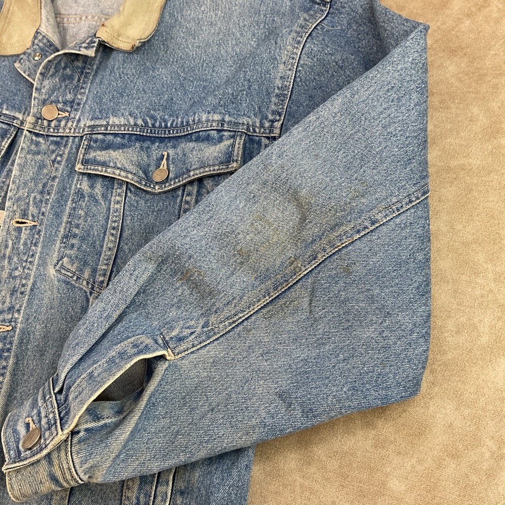 VTG Banana Republic‎ Safari Travel Jean Jacket 90s Denim Leather Trim Trucker L - Picture 15 of 16